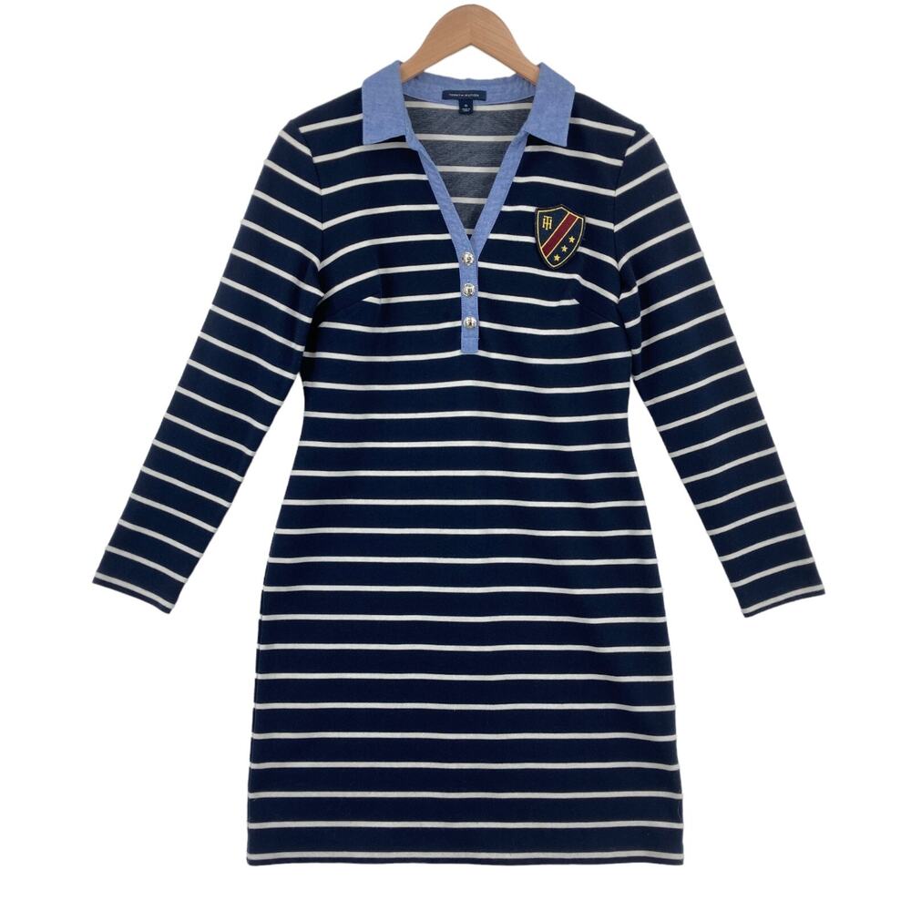 Tommy Hilfiger T Shirt Dress Womens Medium Navy White Striped Knit Cotton Blend
